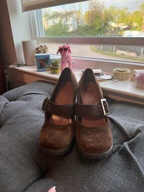 Colin Stuart Chocolate Brown Suede Mary Jane Heels with Buckle Strap